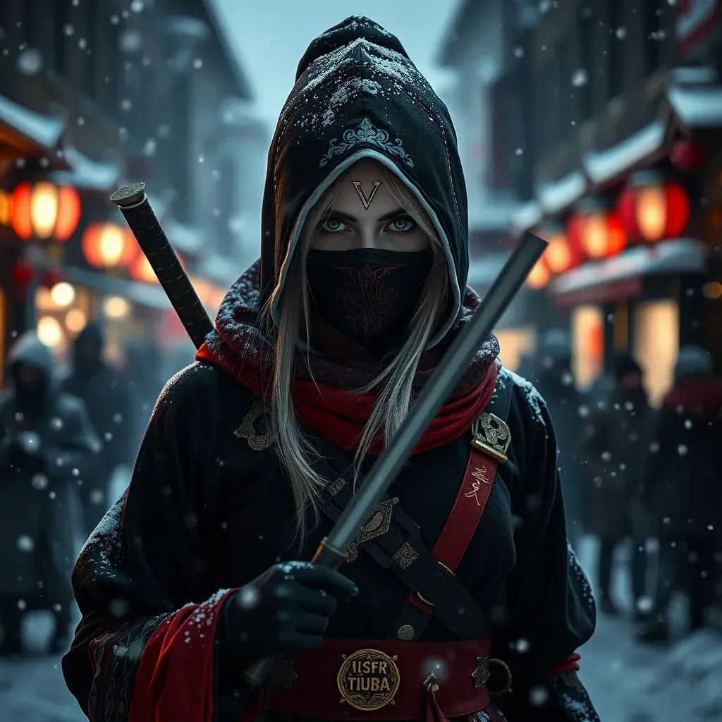 Mysterious beautiful white kunoichi ninja wearing black, red and gold in the streets of a dark snowy town in russia, Intricate Details, Bokeh effect, Photo Realistic, Volumetric Lighting by Stefan Kostic