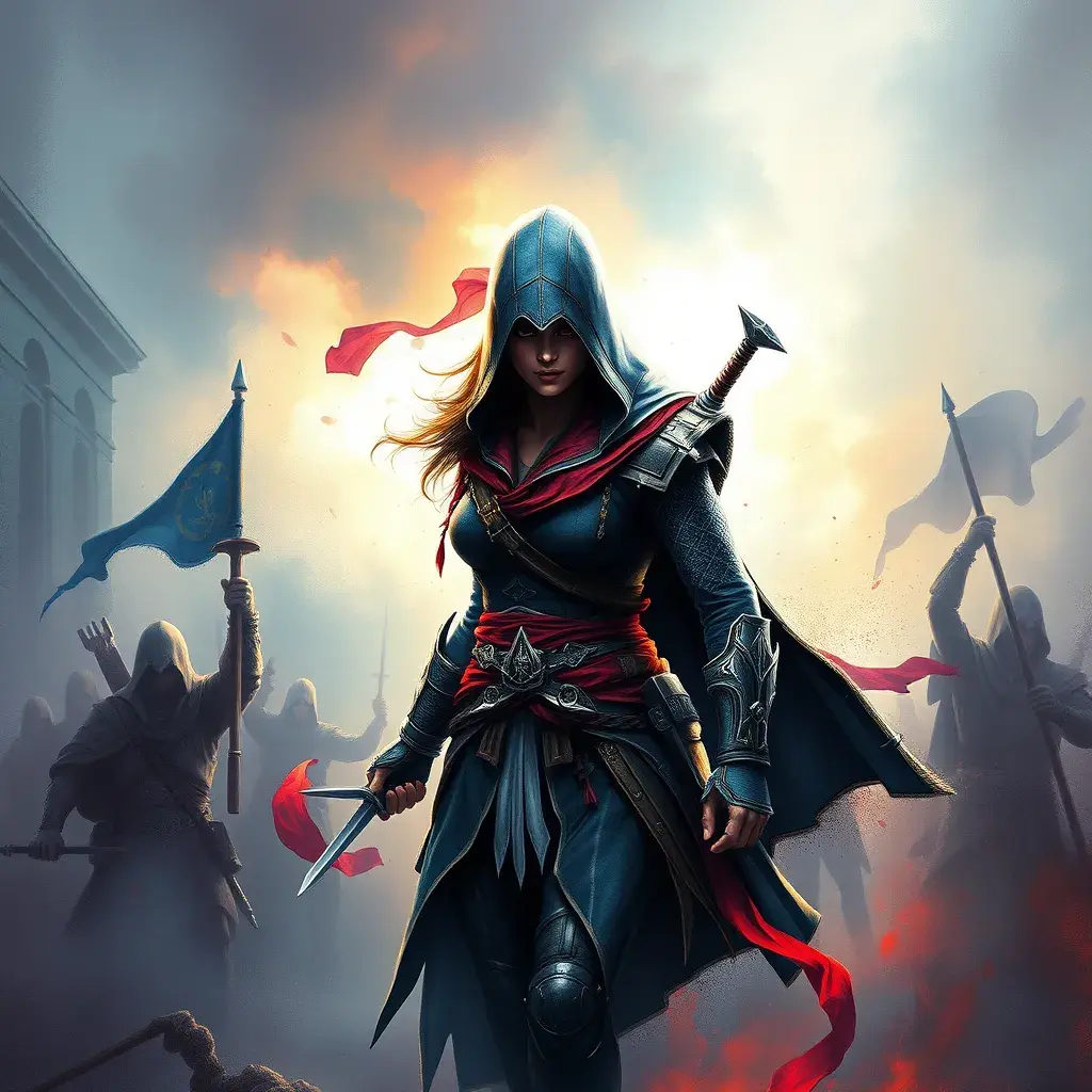 Kassandra from Assassin's Creed emerging from the fog of war, Highly Detailed, Vibrant Colors, Ink Art, Fantasy, Dark by Stanley Artgerm Lau