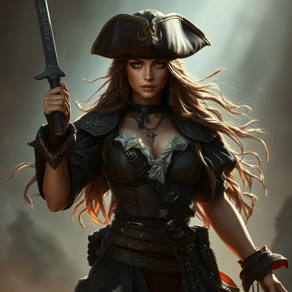 A beautiful female Pirate, Intricate, Half Body, Realistic, Volumetric Lighting, Fantasy, Elegant by Stefan Kostic