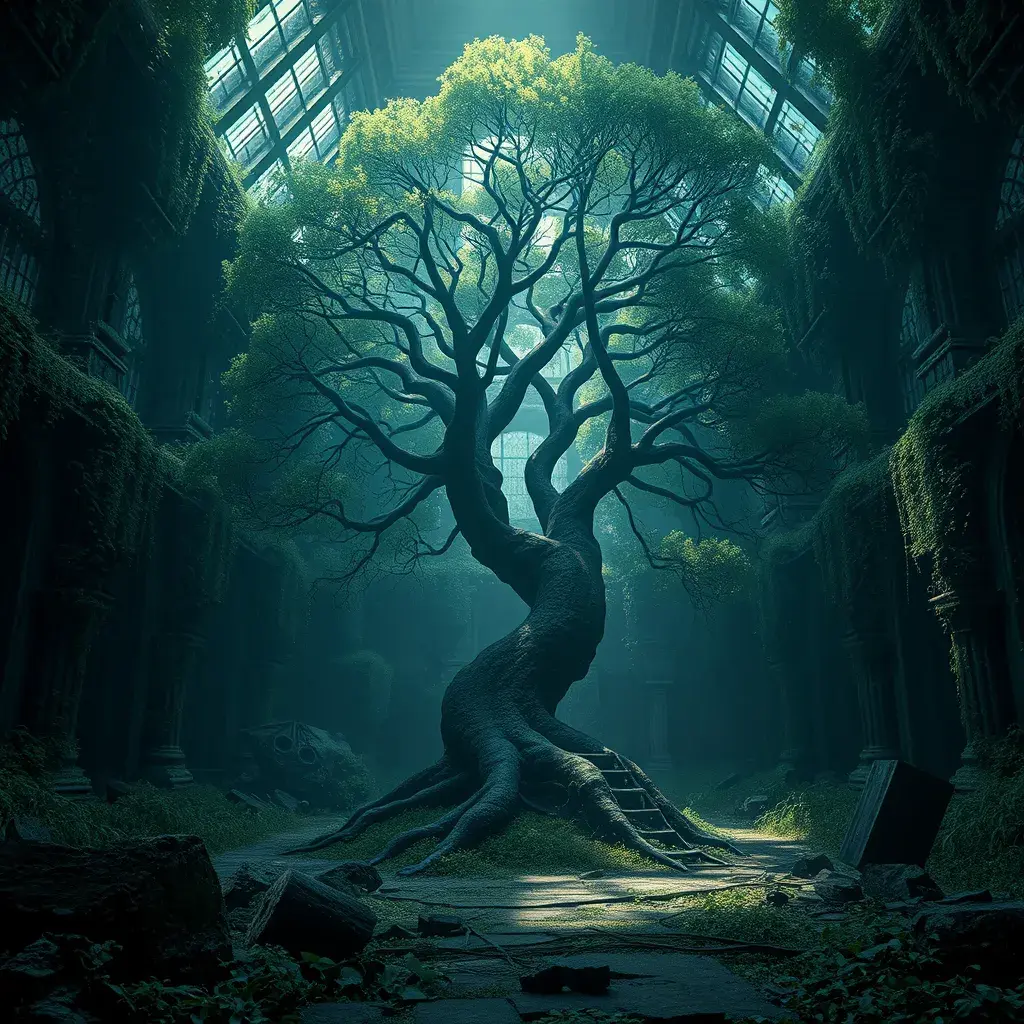 A Tree Of Life growing in the middle of overgrown ancient ruins indoors., 4k resolution, Hyper Detailed, Trending on Artstation, Volumetric Lighting, Concept Art, Digital Art, Fantasy, Dark by Greg Rutkowski