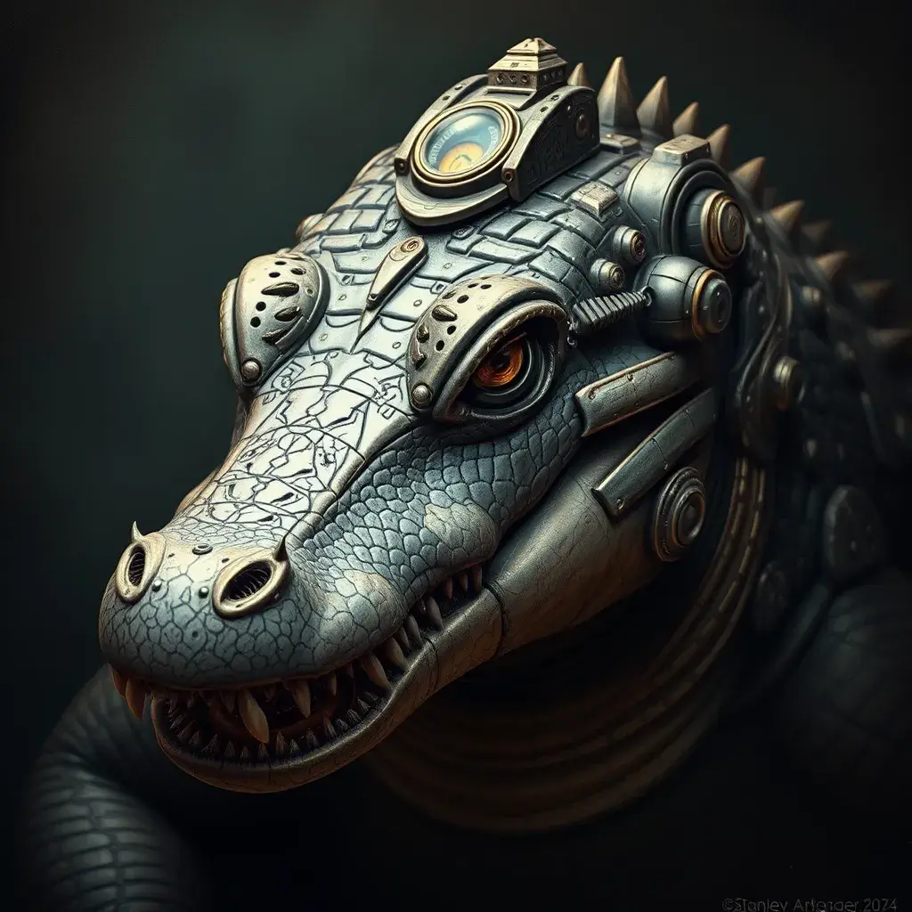 Steampunk portrait of a Crocodile, inspired by future technology, Highly Detailed, Steampunk by Stanley Artgerm Lau