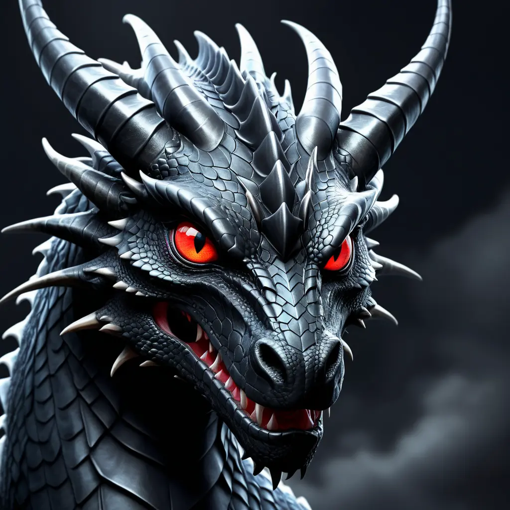 A black dragon with red eyes in 2d, Highly Detailed, Gothic and Fantasy, Horns, Large Eyes, Soft Details, Strong Jaw, Digital Illustration