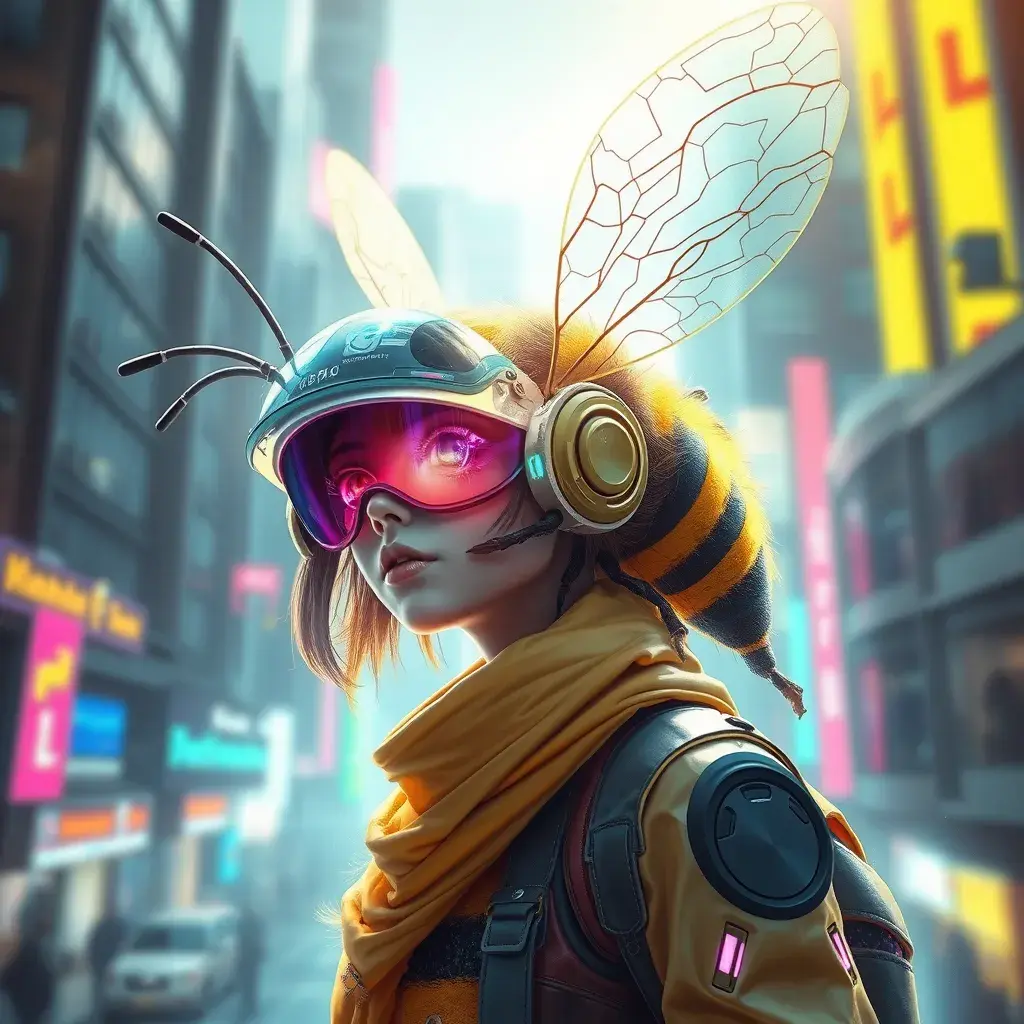 A Cyberpunk half bee and half Human girl with vizor, Cybernatic and Sci-Fi, Cityscape, Bloom light effect, Colorful, Ecstatic, Exciting, Joyful by Stefan Kostic