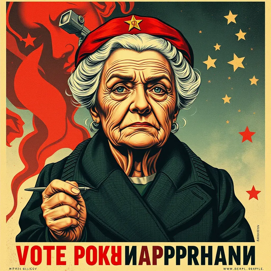 grandmother for president, intricate soviet propaganda poster, Cyrillic text, Boris kriukov, vote for grandmother, sharp focus, text at bottom, Cyrillic, no blur, old woman, Dystopian, Highly Detailed, Intricate Details, Post-Apocalyptic, Psychedelic, Retro-Futurism, Soviet Poster, Digital Painting, Poster, Propaganda Poster, Artgerm by Beeple, Alex Grey, Alphonse Mucha