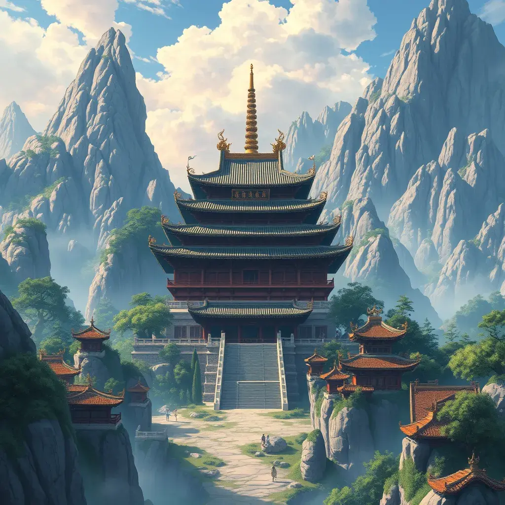 landscape of a large chinese temple in the tall mountains, Highly Detailed, Beautiful, Digital Painting, Anime, Fantasy by Studio Ghibli