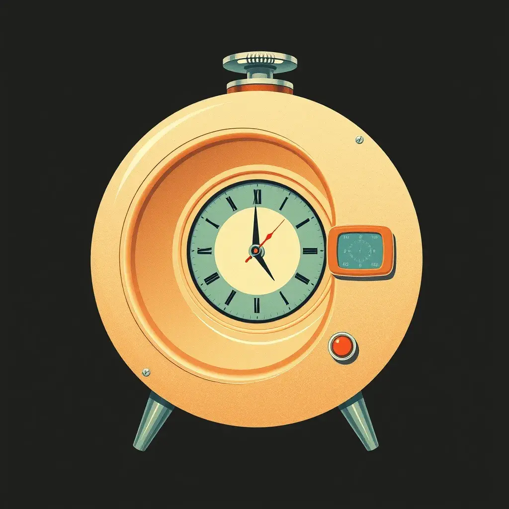 A Time Machine designed by Dieter Rams. stunning industrial design. Natural colors, mid century modern design, Vintage Illustration, Retro-Futurism, Vector Art by Stanley Artgerm Lau