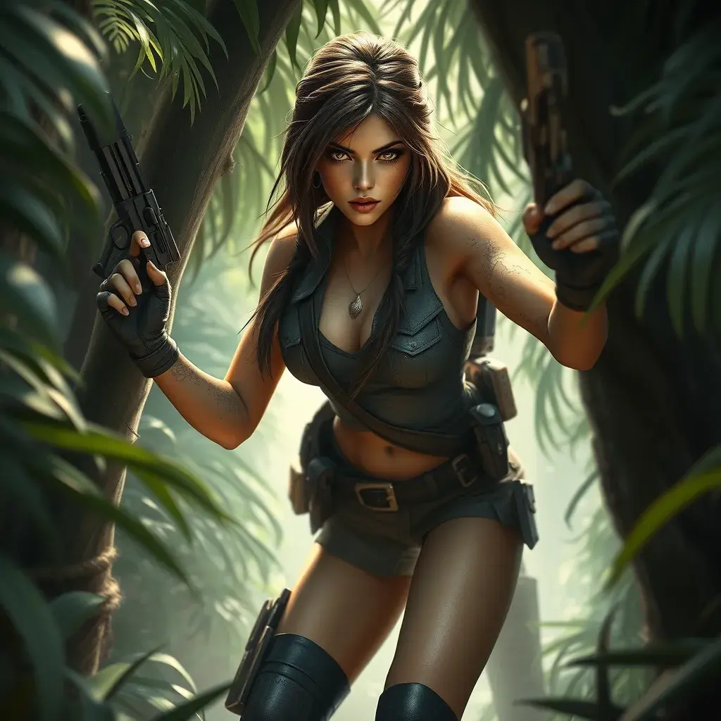 Full body portrait of a beautiful armed Lara Croft emerging from the jungle, Highly Detailed, Intricate, Sharp Focus, Volumetric Lighting, Fantasy, Elegant, Threatening by Beeple