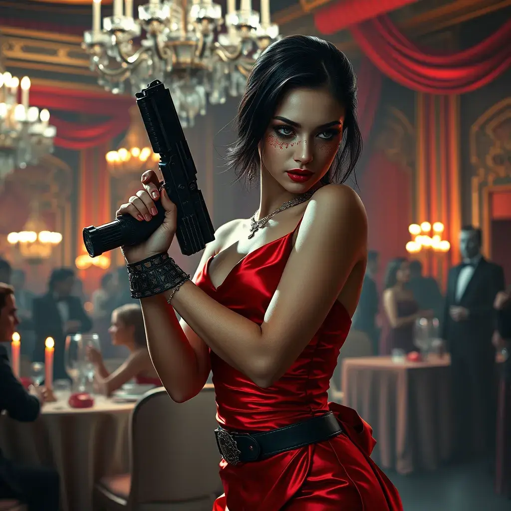 A dangerously armed asian feme fatale in silk red dress at a masquerade ball, Cybernatic and Sci-Fi, Cyberpunk, Sci-Fi