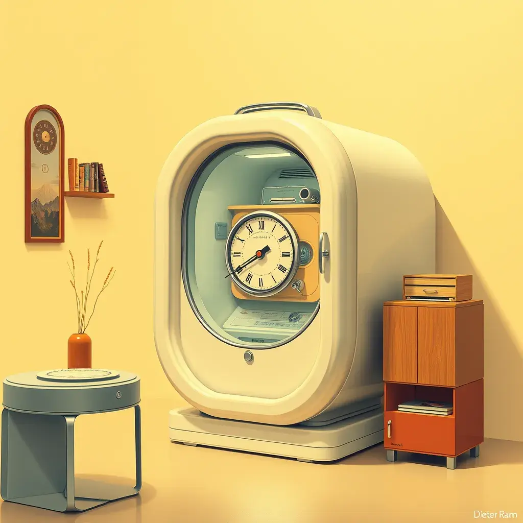 A Time Machine designed by Dieter Rams. stunning industrial design. Natural colors, mid century modern design, Highly Detailed, Hyper Detailed, Vintage Illustration, Sharp Focus, Smooth, Octane Render, Vector Art by Stanley Artgerm Lau