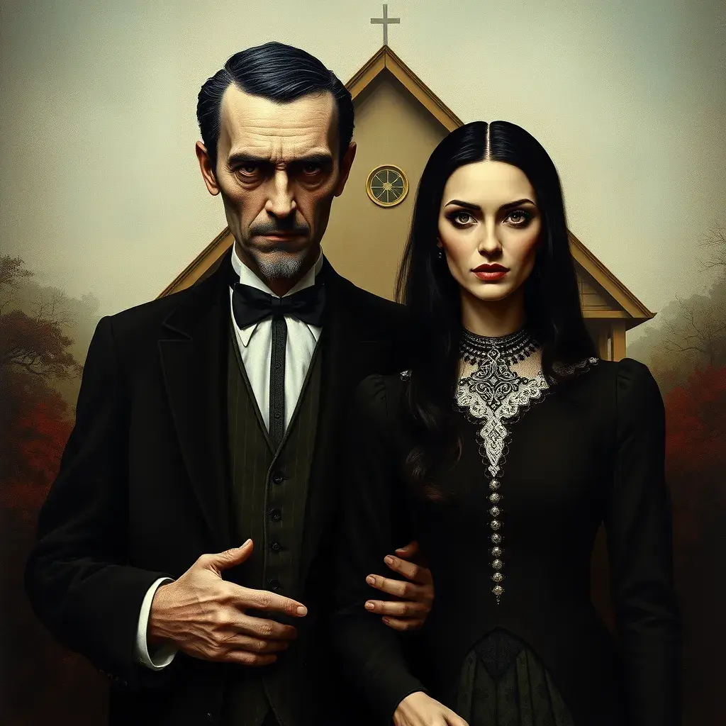 American Gothic with Gomez and Morticia Addams, Intricate Artwork, Intricate Details, Half Body, Beautiful, Matte Painting, Sharp Focus, Portrait, Fantasy, Threatening by Stefan Kostic