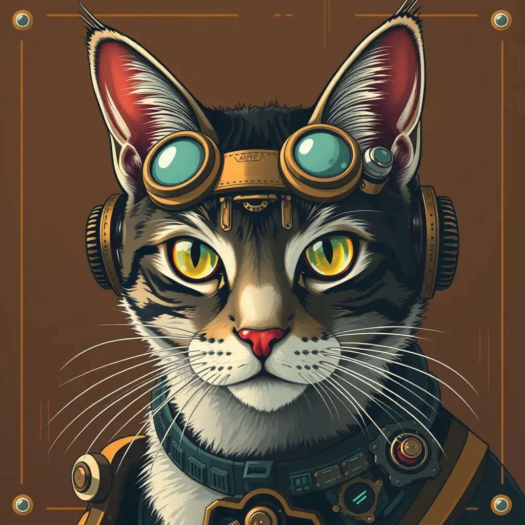 Steampunk portrait of a cat, clean vector, colorful illustration, inspired by future technology, Highly Detailed, Vintage Illustration, Steampunk, Smooth, Vector Art, Colorful by Stanley Artgerm Lau