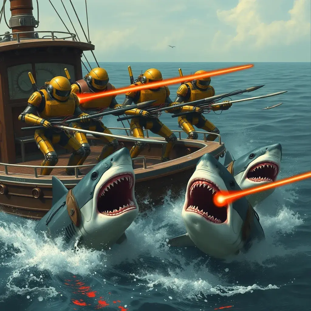 Six robots on a boat with harpoons, battling sharks with lasers strapped to their heads, Steampunk