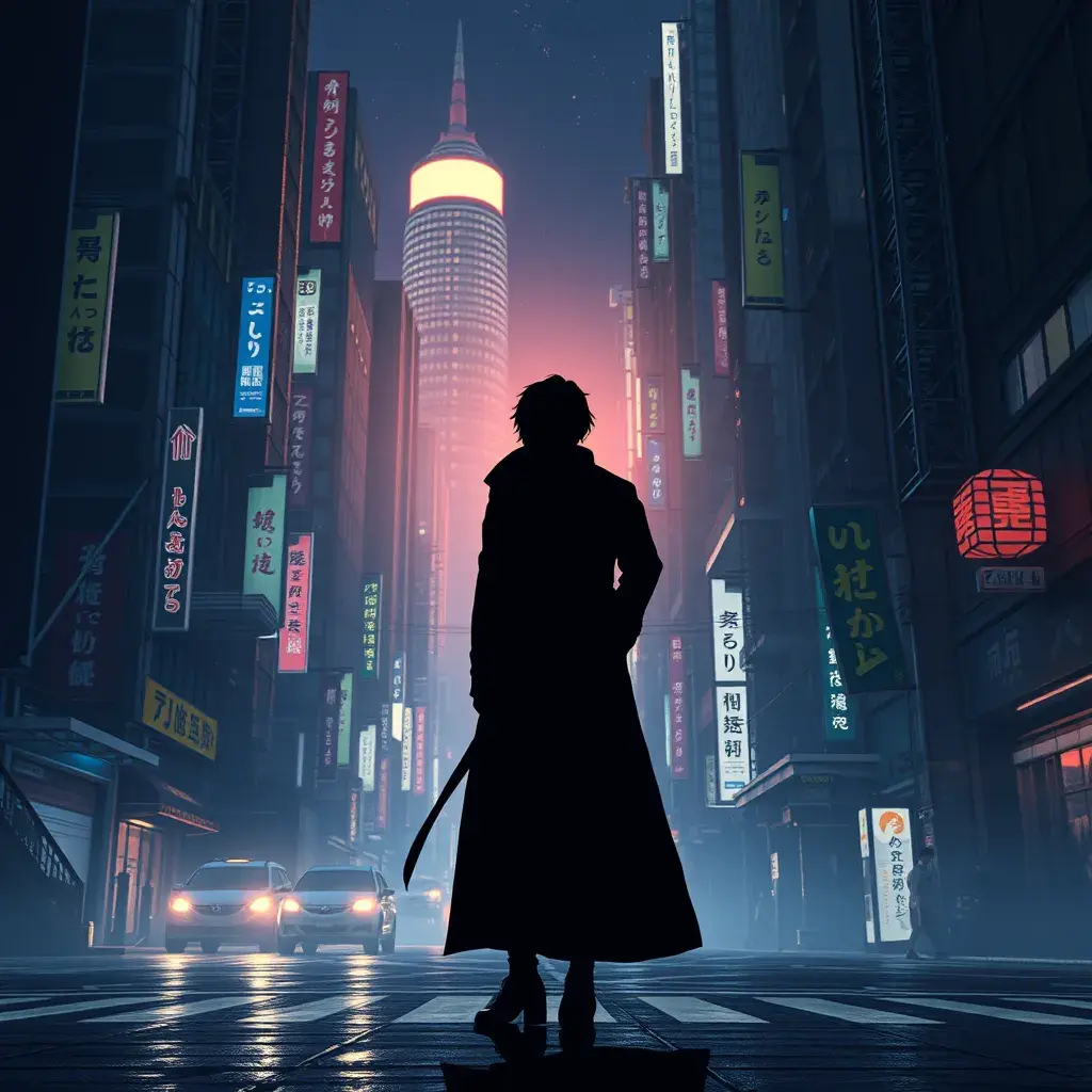 Silhouette of a long trenchcoat in a japanese cyberpunk city at night, 8k, Hyper Detailed, Intricate Details, Trending on Artstation, Epic, Comic, Sharp Focus, Deviantart, Beautifully Lit by Alena Aenami, Studio Ghibli
