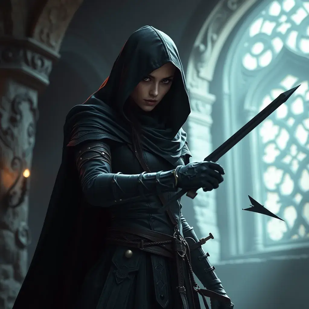 Full body matte portrait of a beautiful veiled armed female Assassin in a dungeon, Gothic and Fantasy, Volumetric Lighting, Fantasy, Threatening by Stanley Artgerm Lau