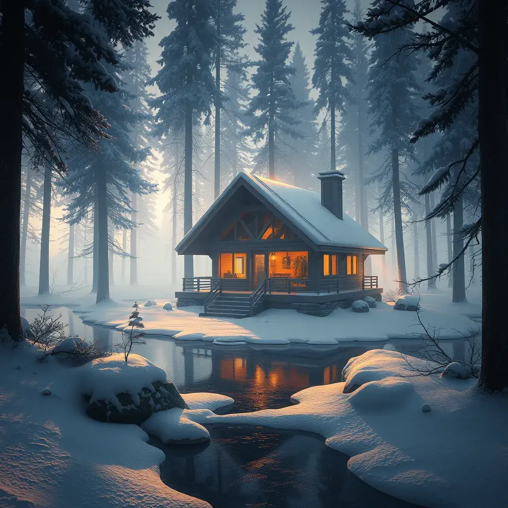 Futuristic cabin in the woods surrounded by a lake in winter, Atmospheric, Highly Detailed, Intricate, Trending on Artstation, Stunning, Realistic, Unreal Engine, Dynamic Lighting, Radiant, Fantasy by Greg Rutkowski