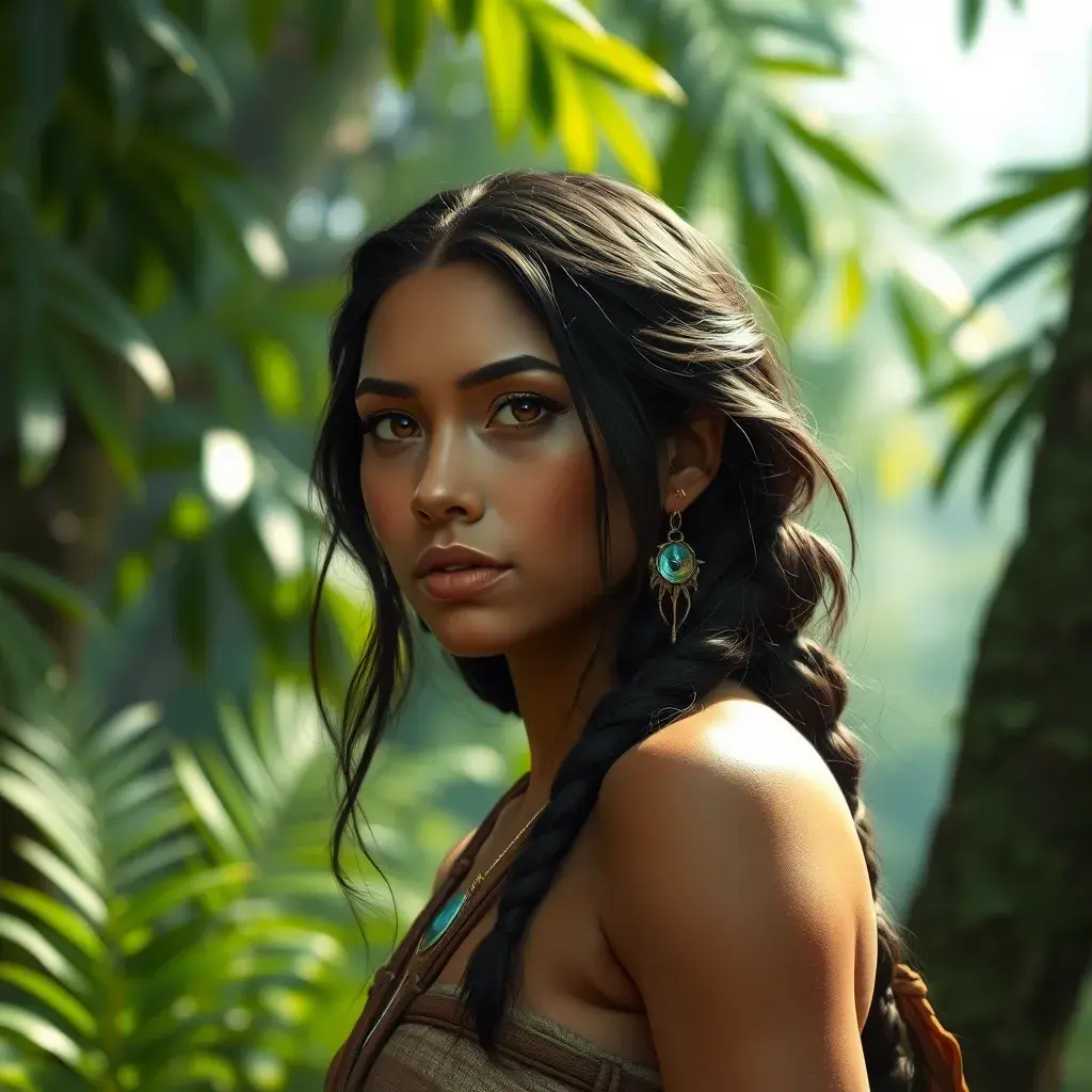 Matte portrait of Disney's Pocohontas in a jungle, Ultra Detailed, Half Body, Beautiful, Matte Painting, Sharp Focus, Portrait, Fantasy by Stefan Kostic