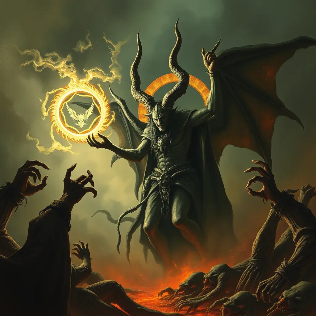 Satan in an Elden ring hell, Eldritch, Fantasy, Apocalyptic, Doom, Dreadful, Forbidding, Frightful, Harrowing, Ominous, Shocking, Terrifying, Threatening, Unnerving