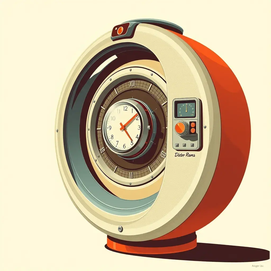 A Time Machine designed by Dieter Rams. stunning industrial design. Natural colors, mid century modern design, Vintage Illustration, Retro-Futurism, Vector Art by Stanley Artgerm Lau