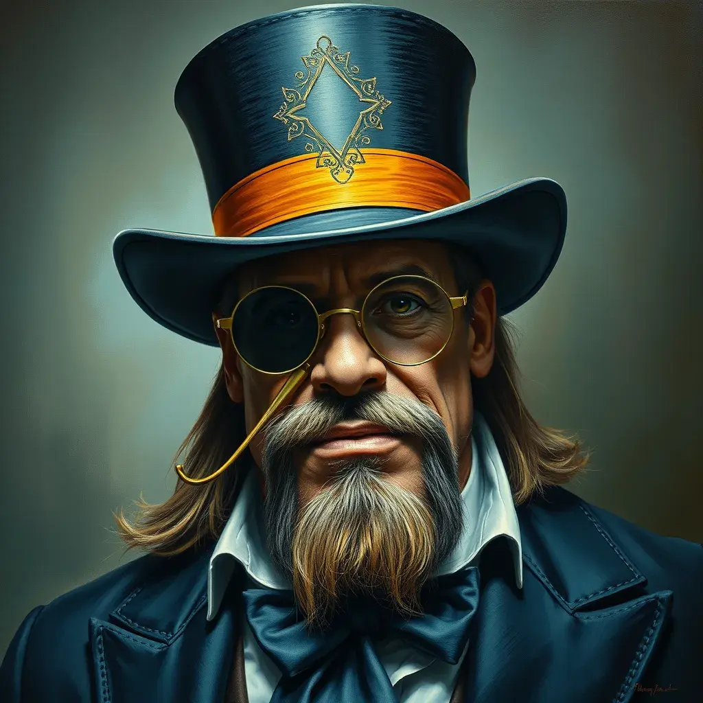Hulk Hogan wearing a top hat and a monocle, Intricate Artwork, Intricate Details, Half Body, Beautiful, Matte Painting, Sharp Focus, Portrait, Fantasy, Threatening by Stefan Kostic