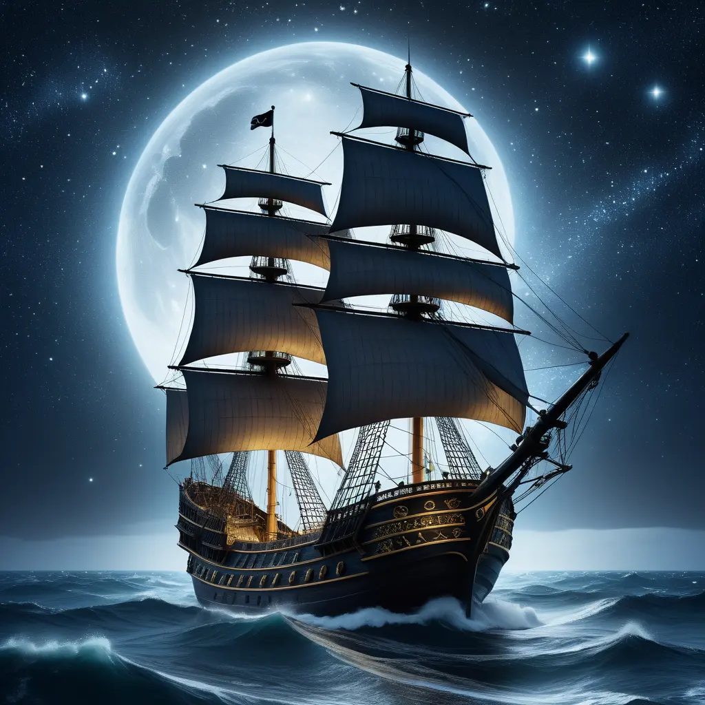 Close up of a Pirate Ship in rough seas on a dark starry night, Intricate, Ultra Detailed, Symmetry, Beautiful, Sharp Focus, Astrophotography, Centered, Volumetric Lighting by Stanley Artgerm Lau