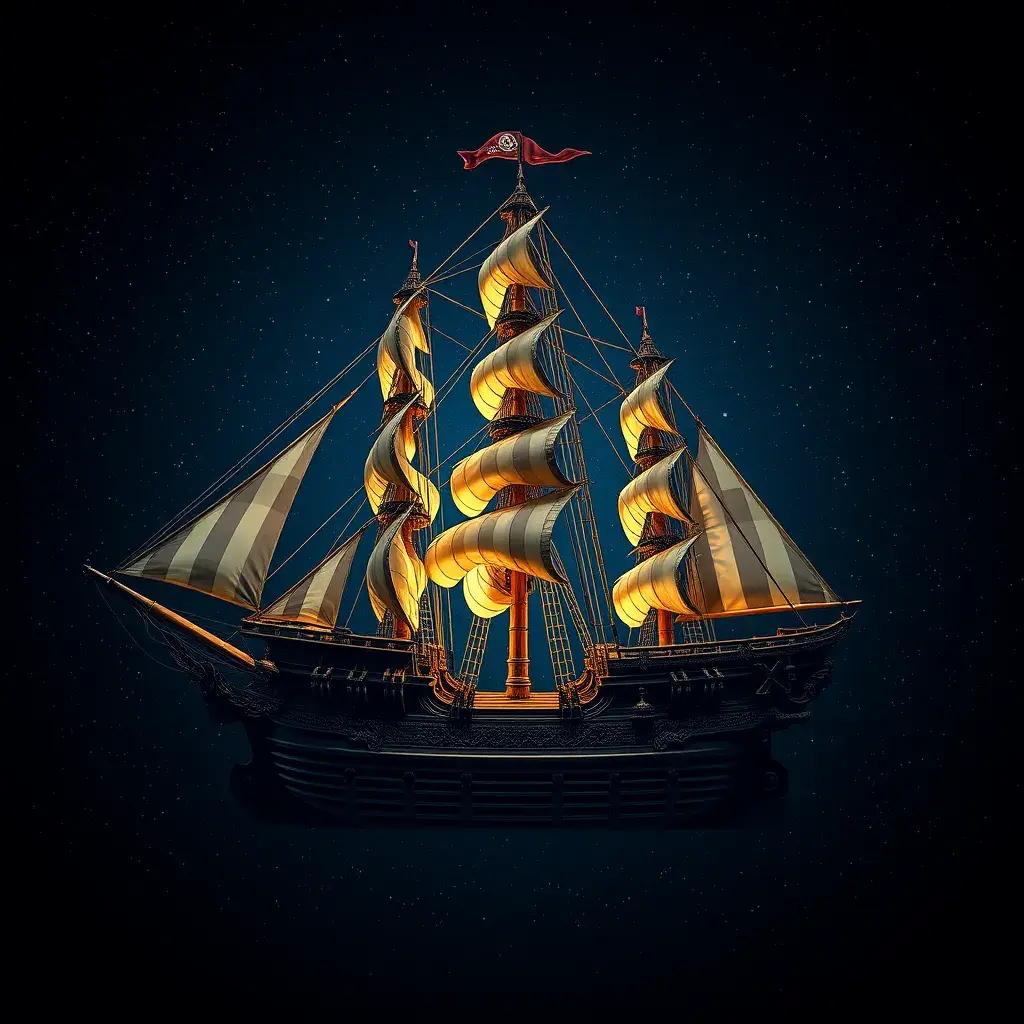 Pirate Ship, Intricate, Ultra Detailed, Symmetry, Beautiful, Sharp Focus, Astrophotography, Centered, Volumetric Lighting