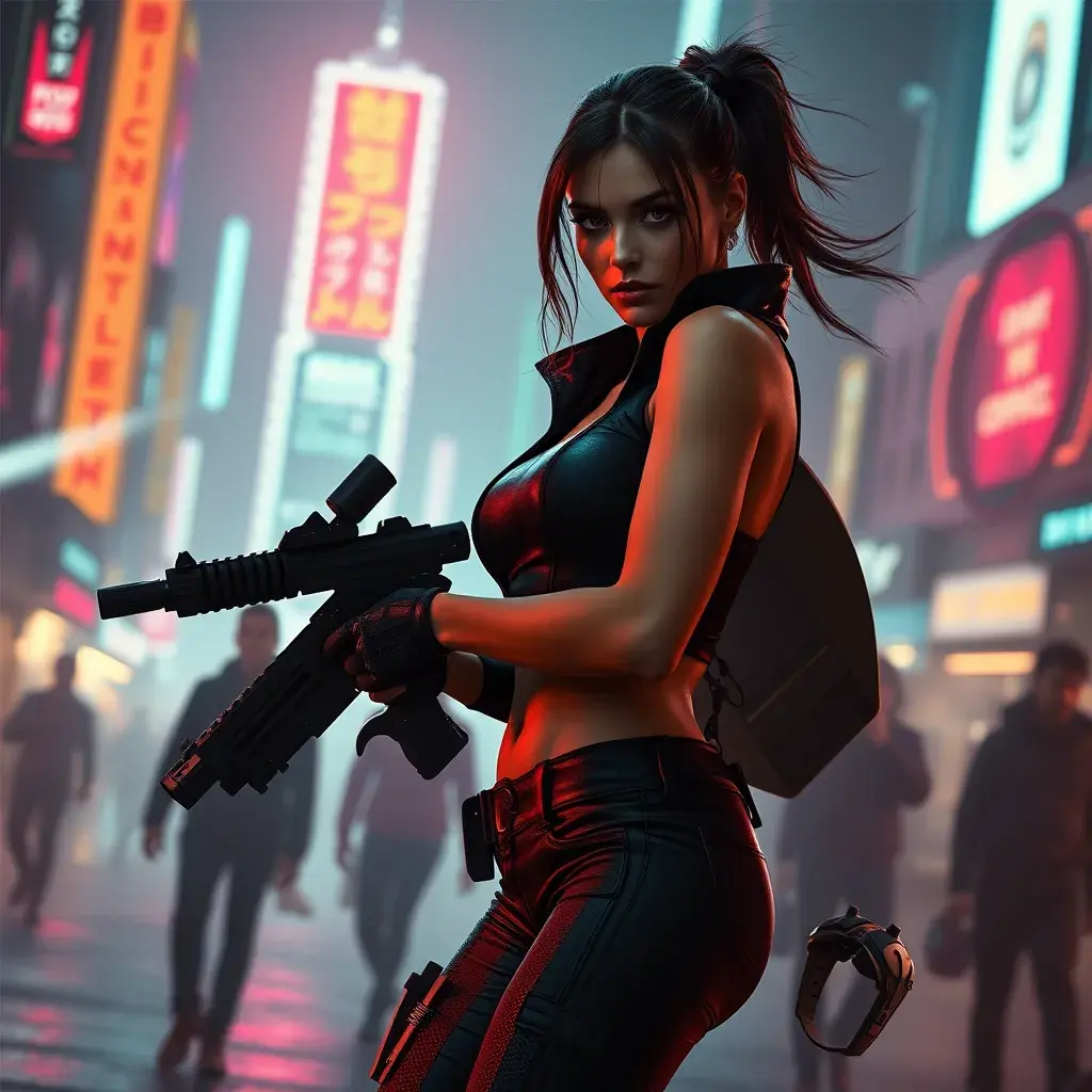 full body shot, armed beautiful woman walking with detailed eyes, dynamic pose, athletic , Cybernatic and Sci-Fi, Cyberpunk, Cityscape, Blade Runner 2049, Neon light effect, Neon, Futurism, Threatening by Stefan Kostic