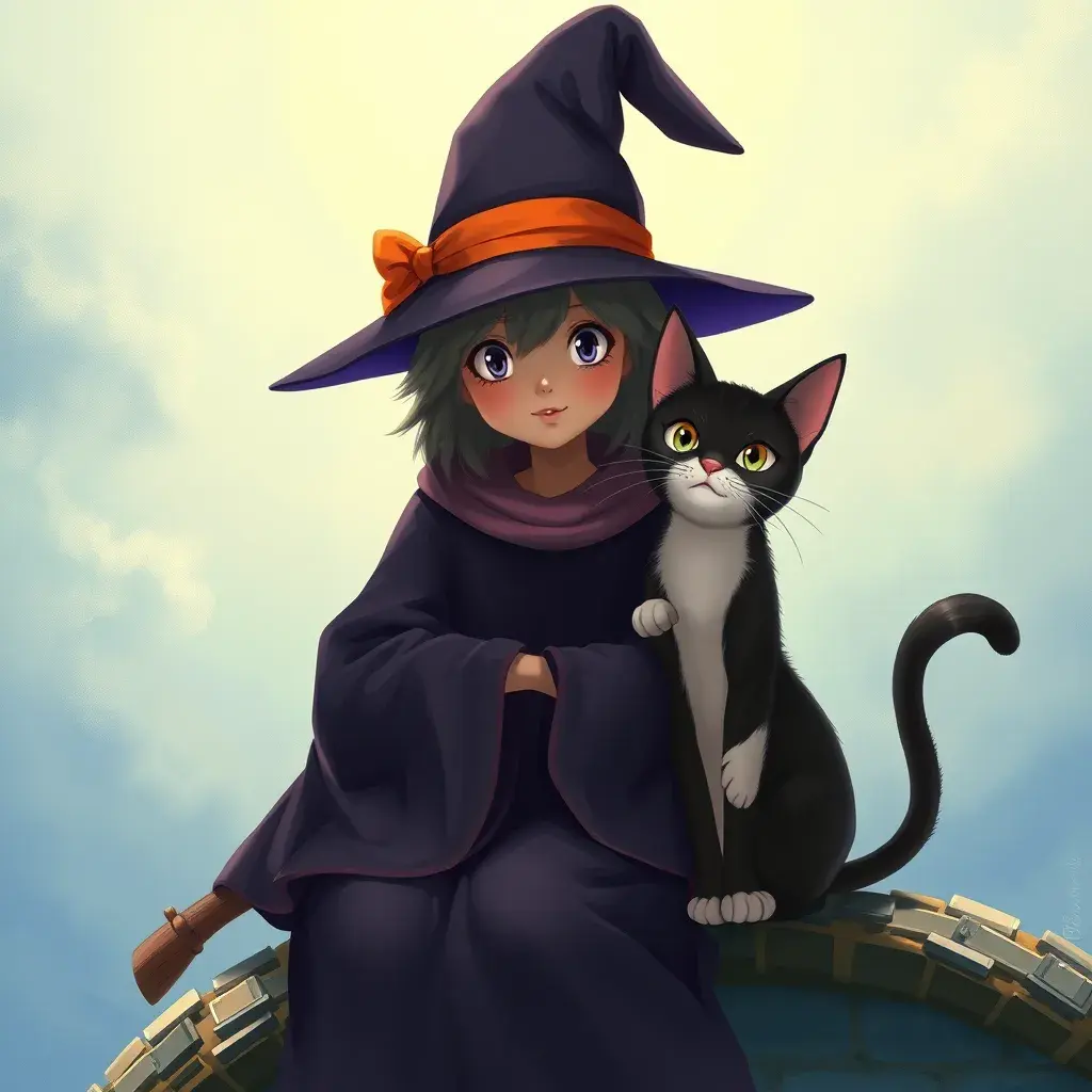 Kiki the witch and Jiji the cat, Highly Detailed, Beautiful, Digital Painting, Anime, Fantasy by Studio Ghibli