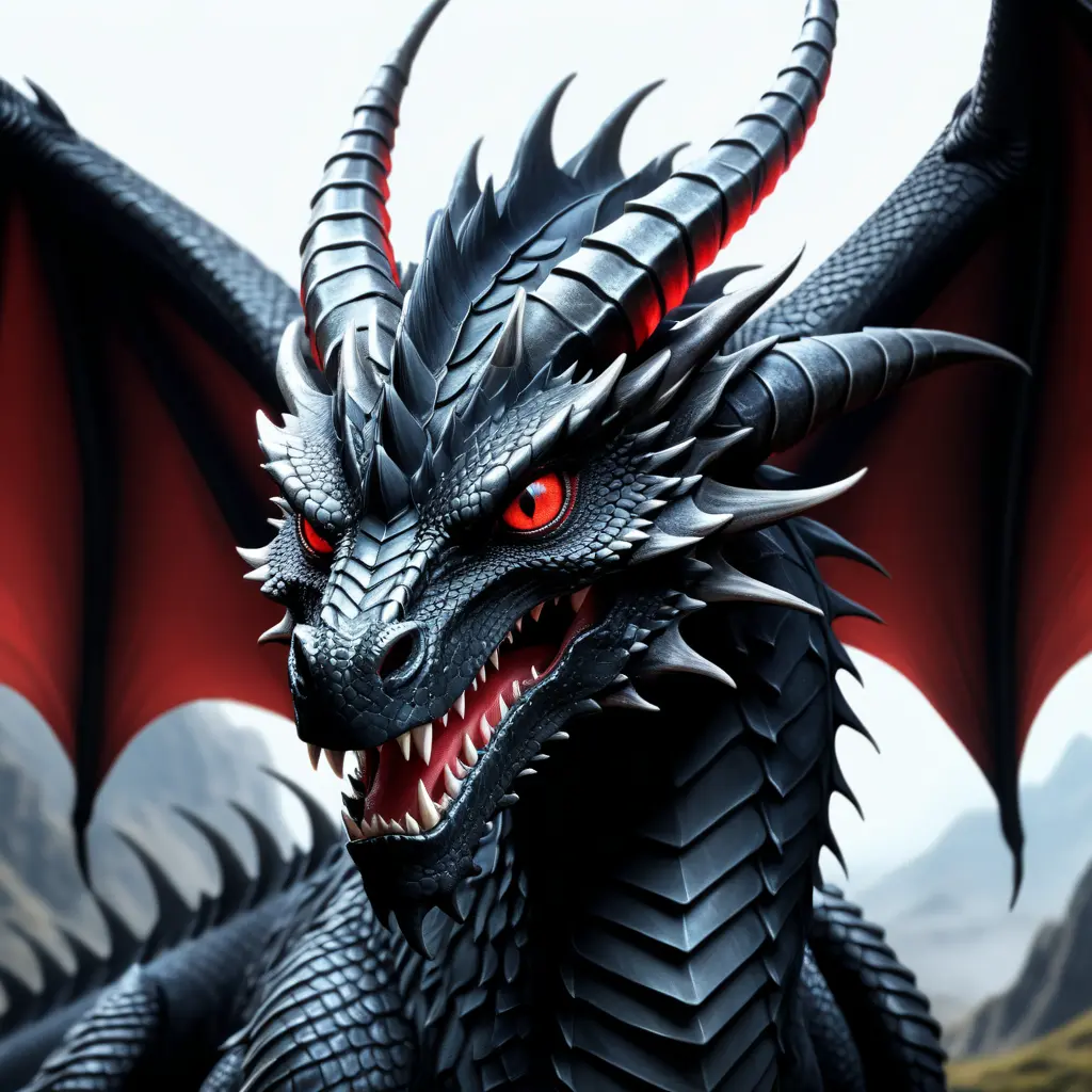 A black dragon with red eyes in 2d, Highly Detailed, Gothic and Fantasy, Horns, Large Eyes, Soft Details, Strong Jaw, Digital Illustration