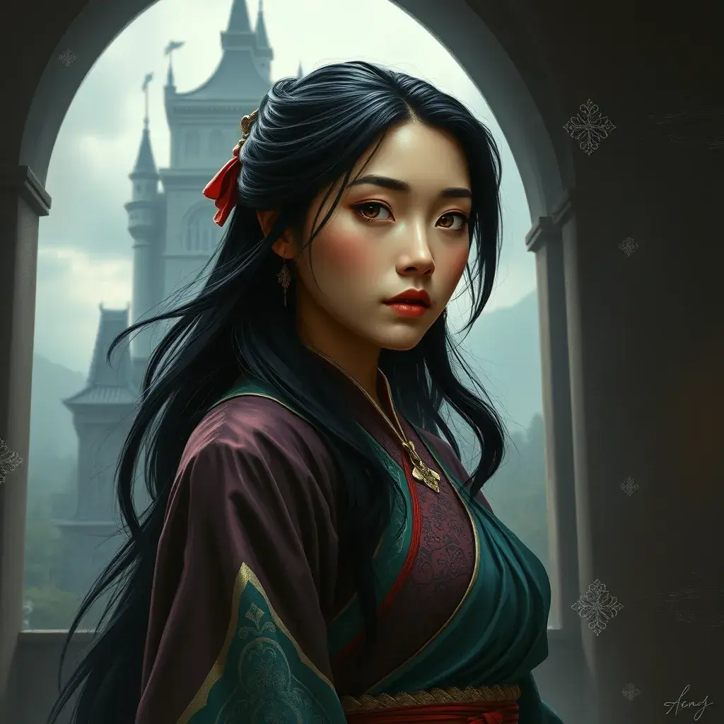 Matte portrait of Mulan inside a castle, Ultra Detailed, Half Body, Beautiful, Matte Painting, Sharp Focus, Portrait, Fantasy by Stefan Kostic