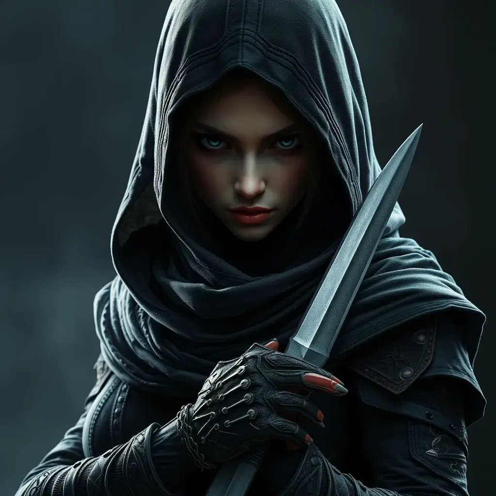 Full body portrait of a Veiled female Assassin with daggers, Highly Detailed, Dark Souls, Volumetric Lighting, Fantasy, Threatening