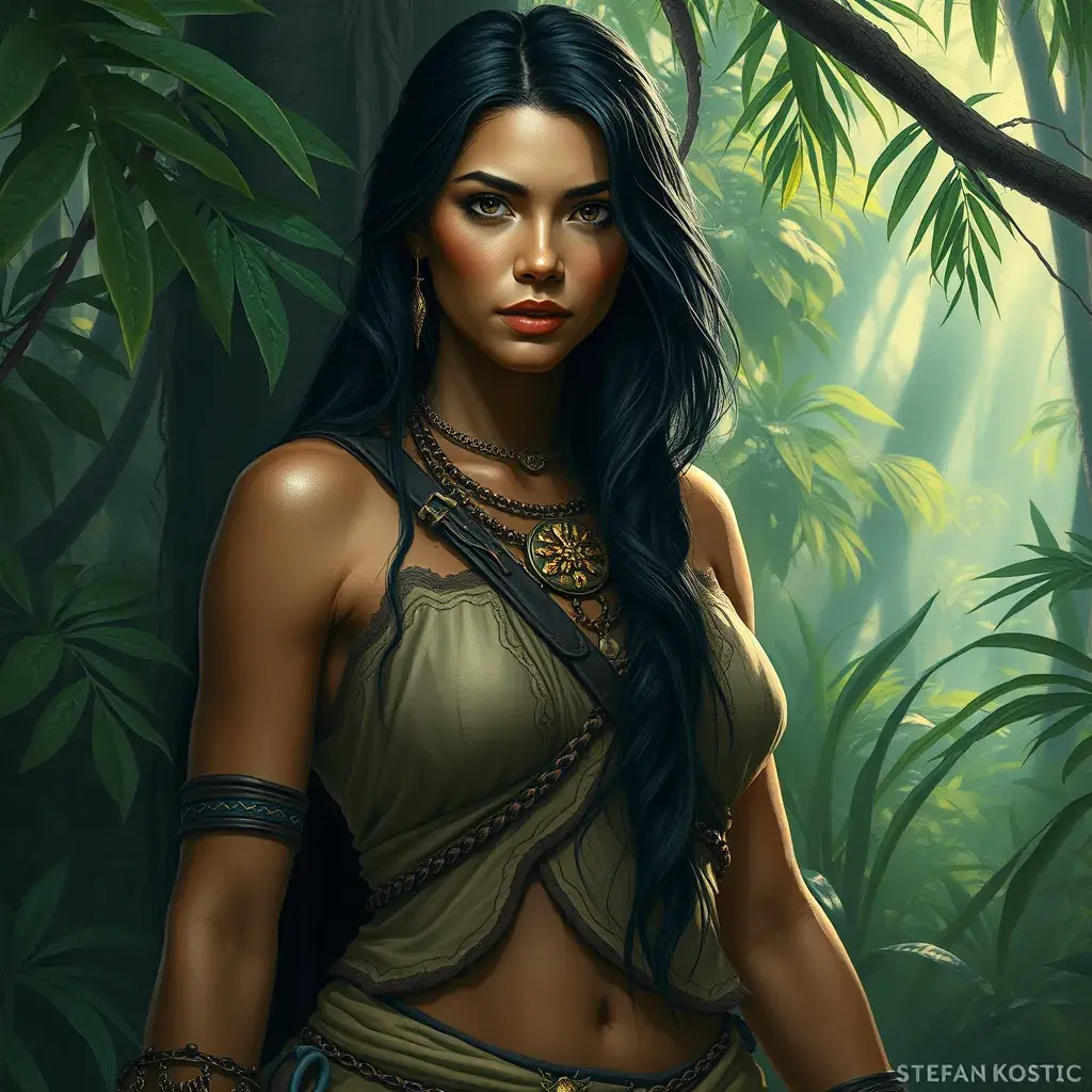 Pocahontas in the jungle, Ultra Detailed, Half Body, Beautiful, Matte Painting, Sharp Focus, Portrait, Fantasy by Stefan Kostic