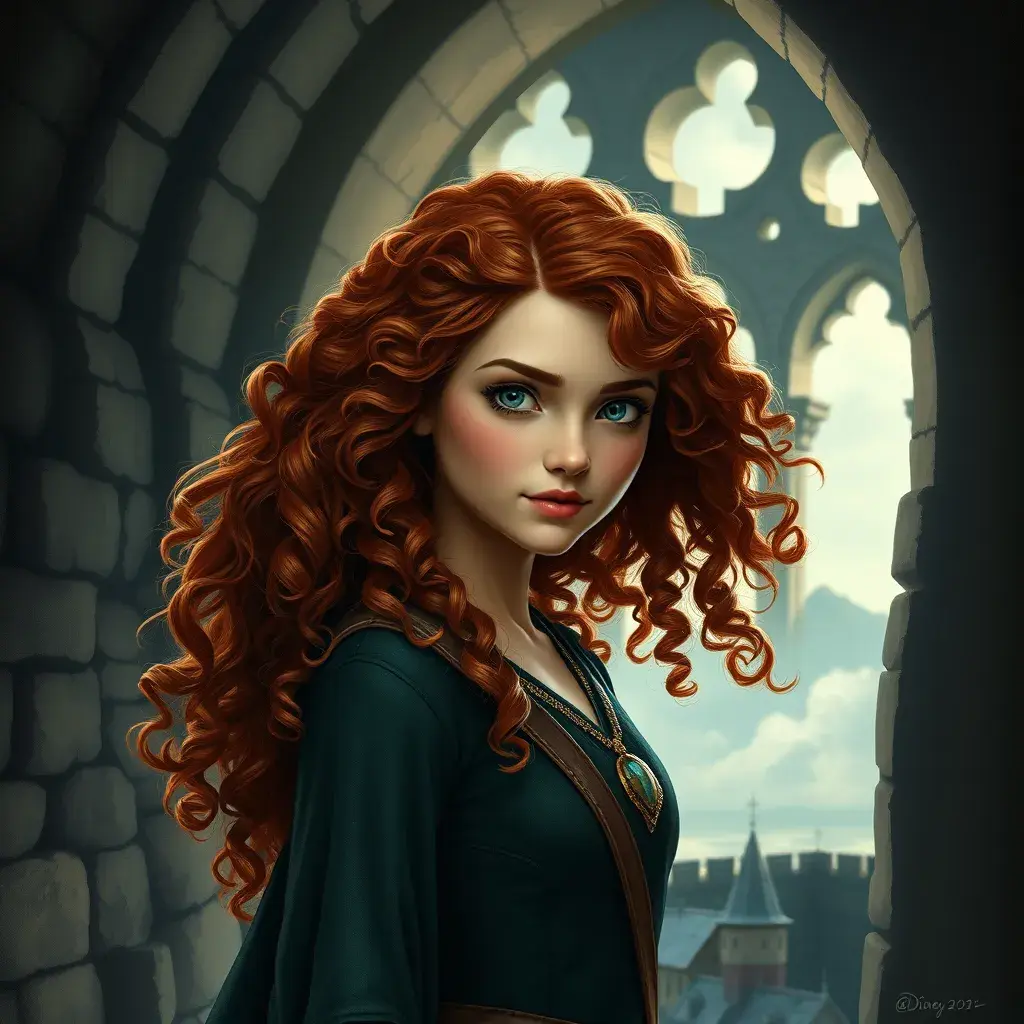 Matte portrait of Disney's Merida of DunBroch inside a castle, Ultra Detailed, Half Body, Beautiful, Matte Painting, Sharp Focus, Portrait, Fantasy