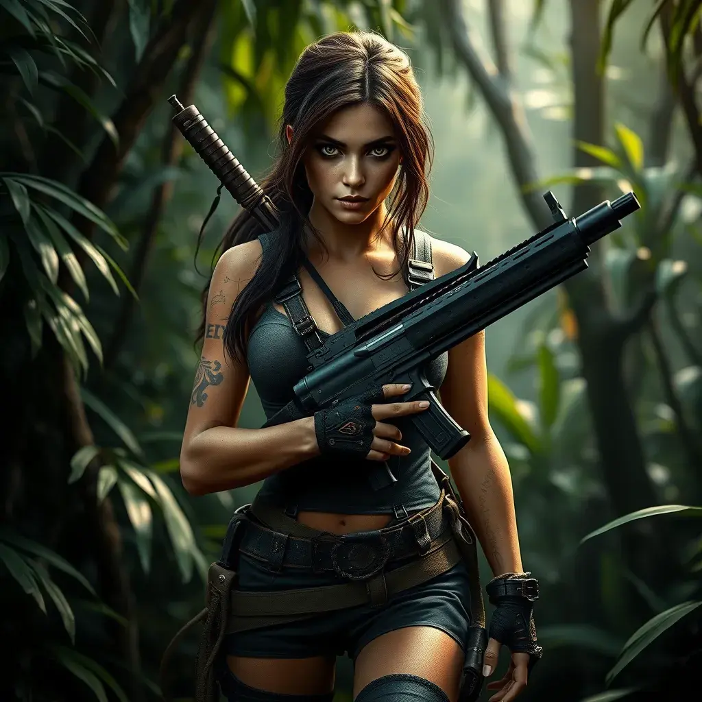 Full body portrait of a beautiful armed Lara Croft in the jungle, Highly Detailed, Intricate, Sharp Focus, Volumetric Lighting, Fantasy, Elegant, Threatening by Stefan Kostic