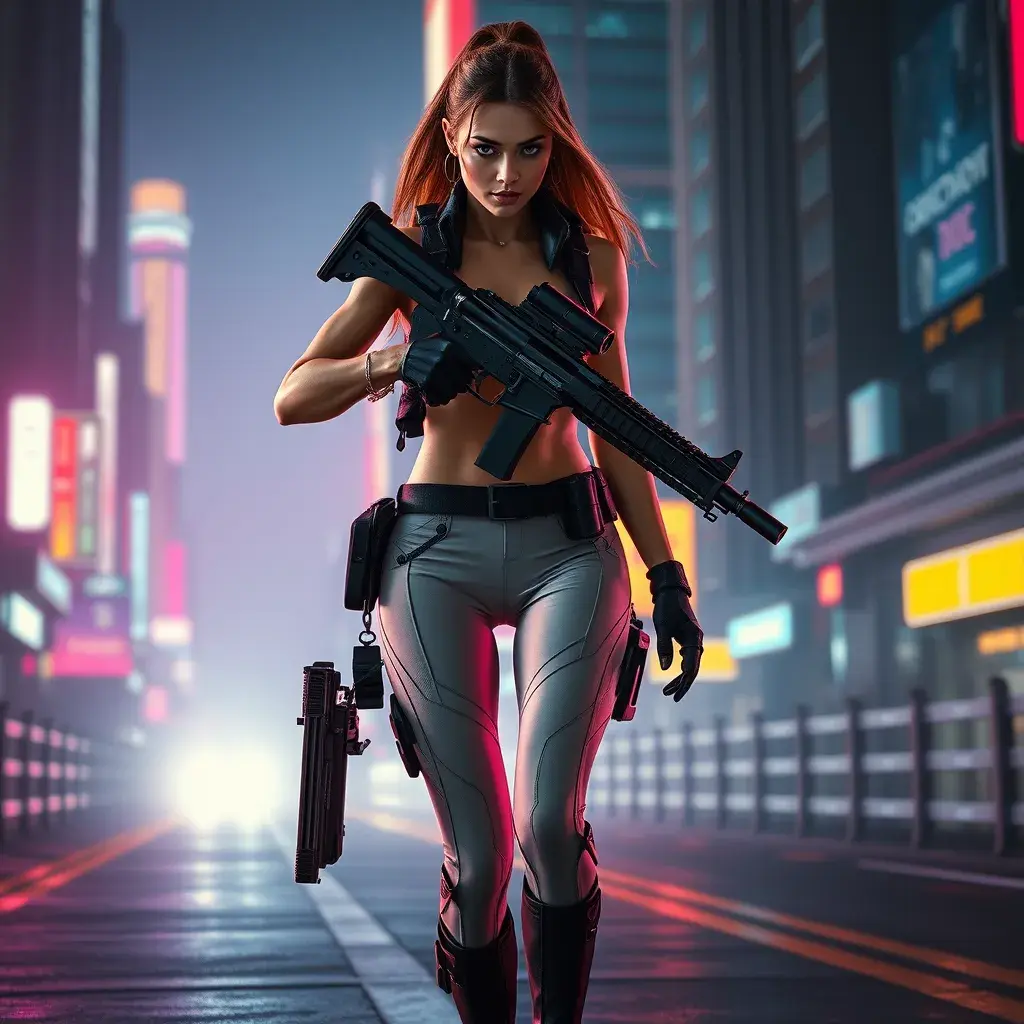 full body shot, armed beautiful woman walking with detailed eyes, dynamic pose, athletic , Cybernatic and Sci-Fi, Cyberpunk, Cityscape, Blade Runner 2049, Neon light effect, Neon, Futurism, Threatening