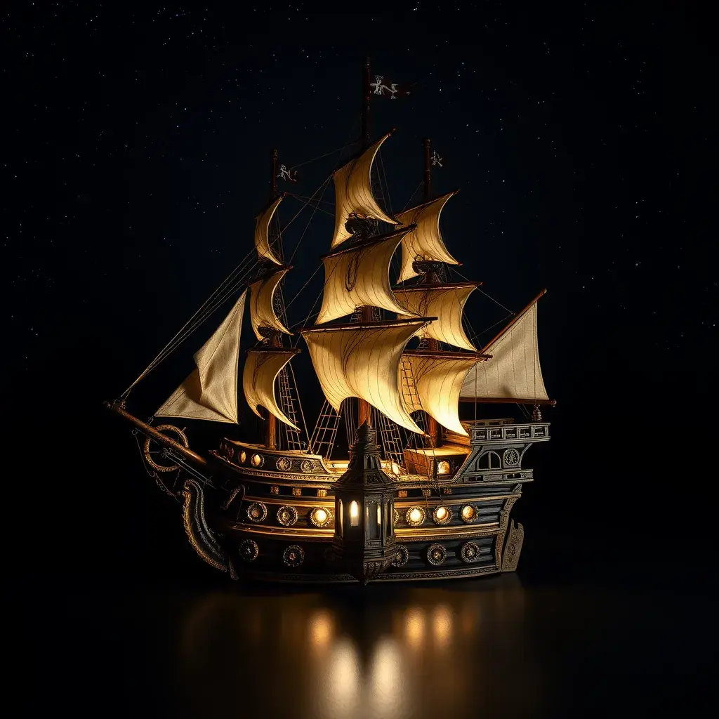 Pirate Ship, Intricate, Ultra Detailed, Symmetry, Beautiful, Sharp Focus, Astrophotography, Centered, Volumetric Lighting