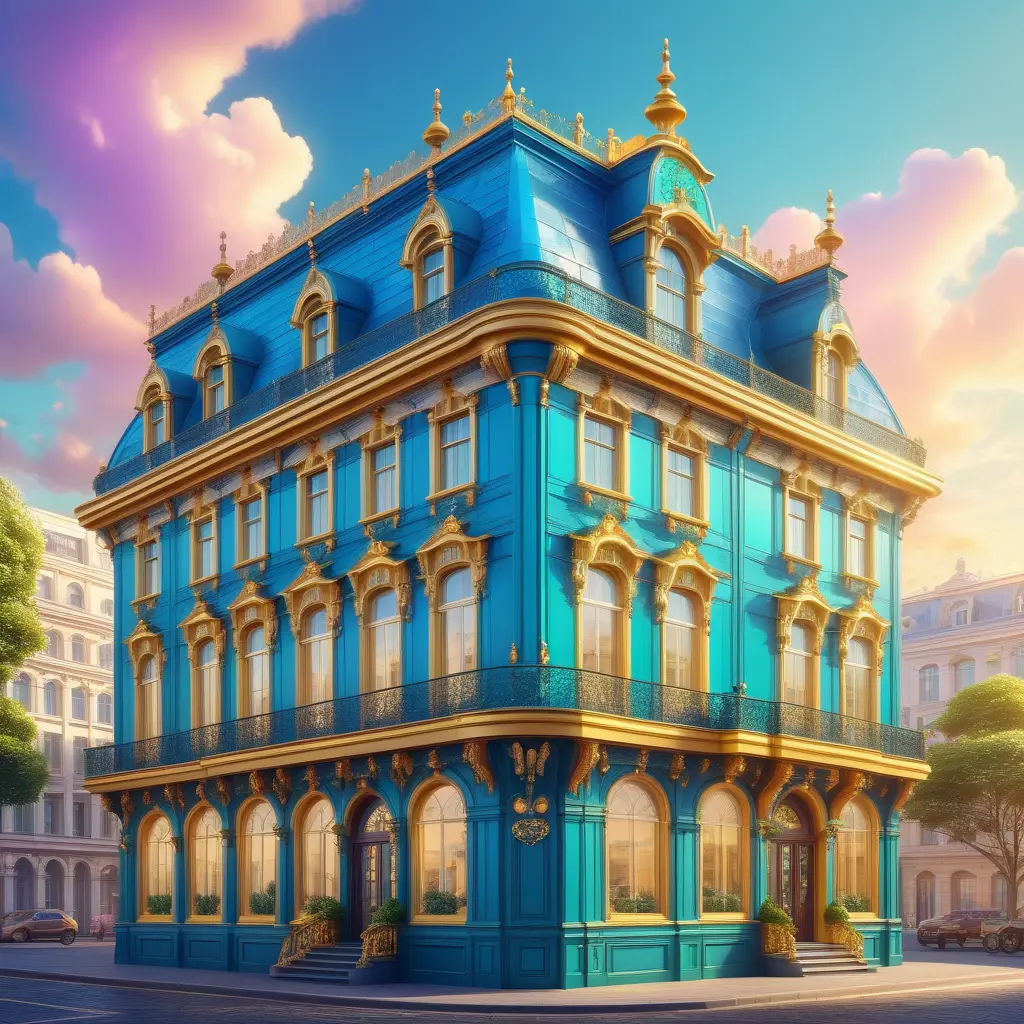 art nuveau exterior fantasy colorful building office space futuristic rococco baroques victorian, Highly Detailed, Masterpiece, Vintage Illustration, Cinematic Lighting, Photo Realistic, Sharp Focus, Smooth, Digital Art, Vector Art, Soft by Stanley Artgerm Lau