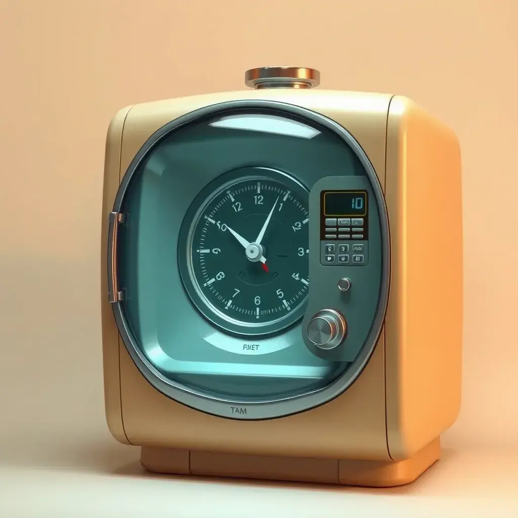 A Time Machine designed by Dieter Rams. stunning industrial design. Natural colors, mid century modern design, Highly Detailed, Hyper Detailed, Vintage Illustration, Sharp Focus, Smooth, Octane Render, Vector Art