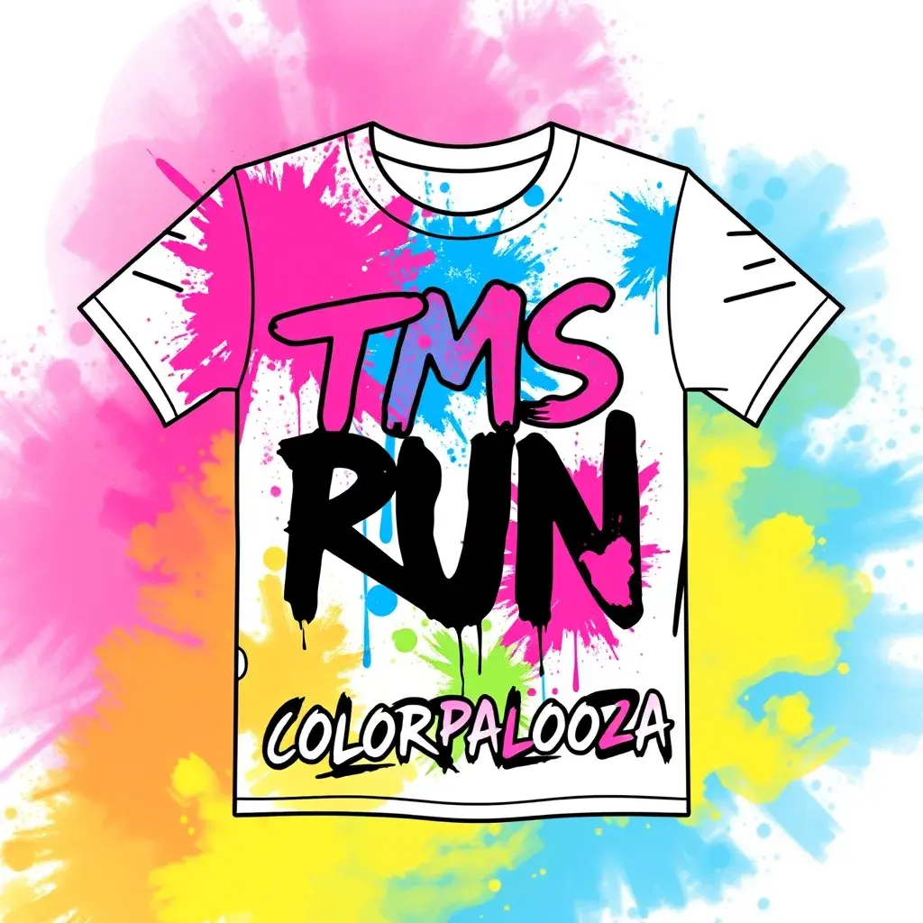 poster graphic for a color run event. On a white t-shirt, with black, pink, blue, orange and purple colors. Text on the shirt should say TMS on top and COLORPALOOZA underneath it. Graffiti feel in a vector style, Poster