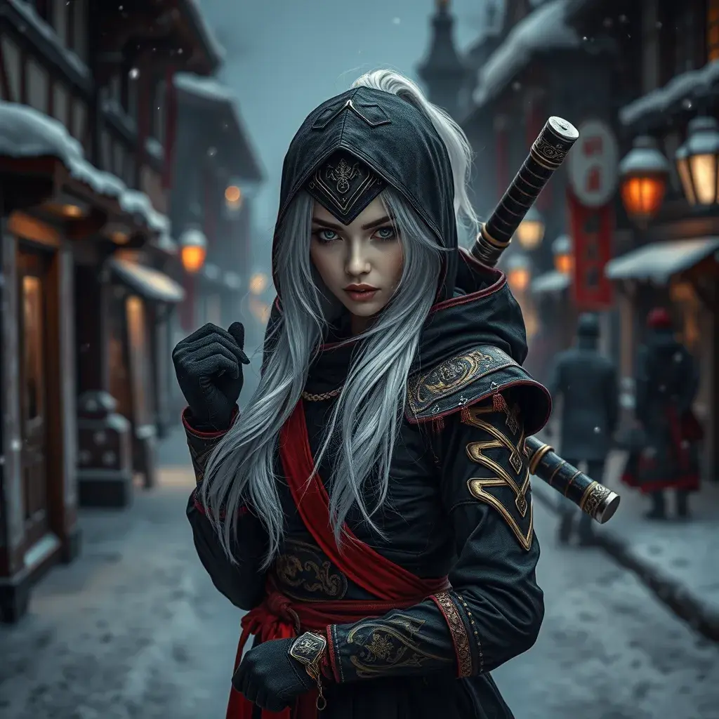 Mysterious beautiful white kunoichi ninja wearing black, red and gold in the streets of a dark snowy town in russia, Intricate Details, White Hair, Photo Realistic