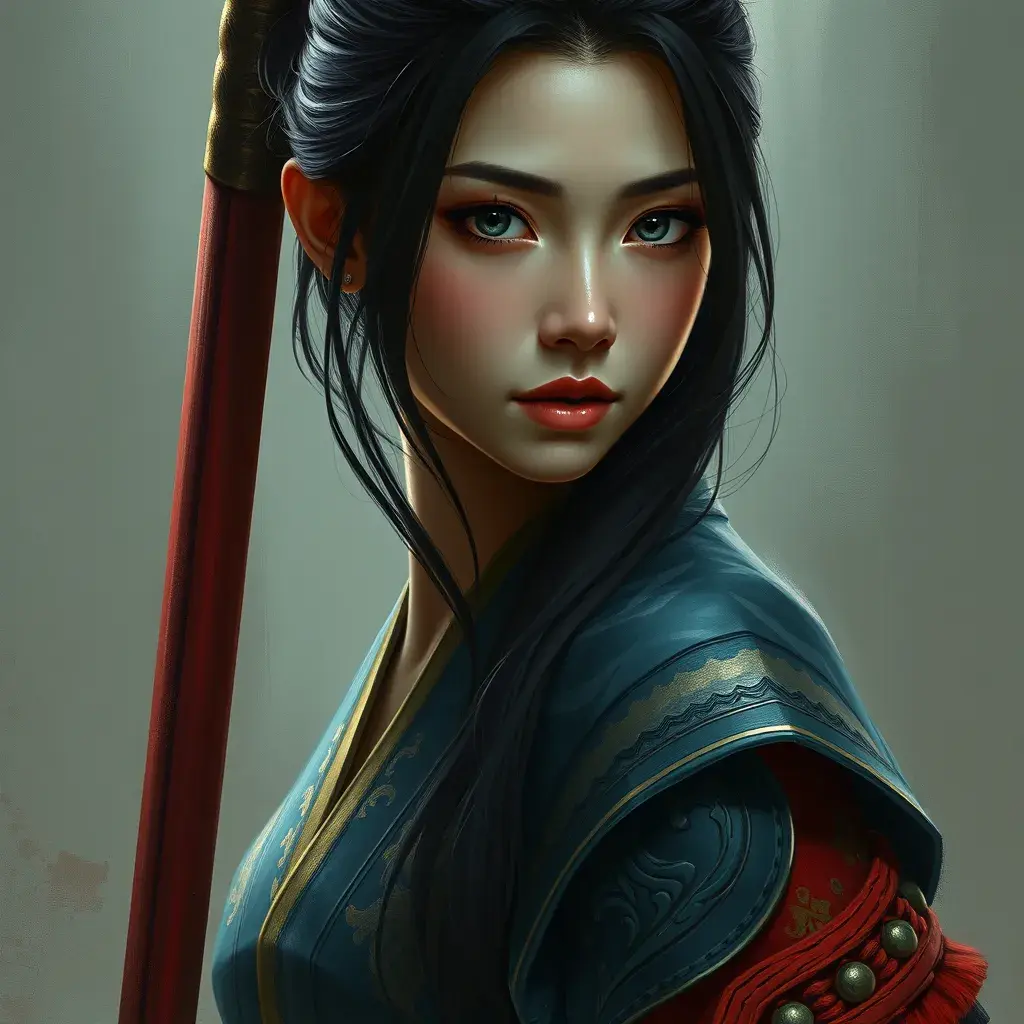 Mulan, Ultra Detailed, Half Body, Beautiful, Matte Painting, Sharp Focus, Portrait, Fantasy by Stefan Kostic