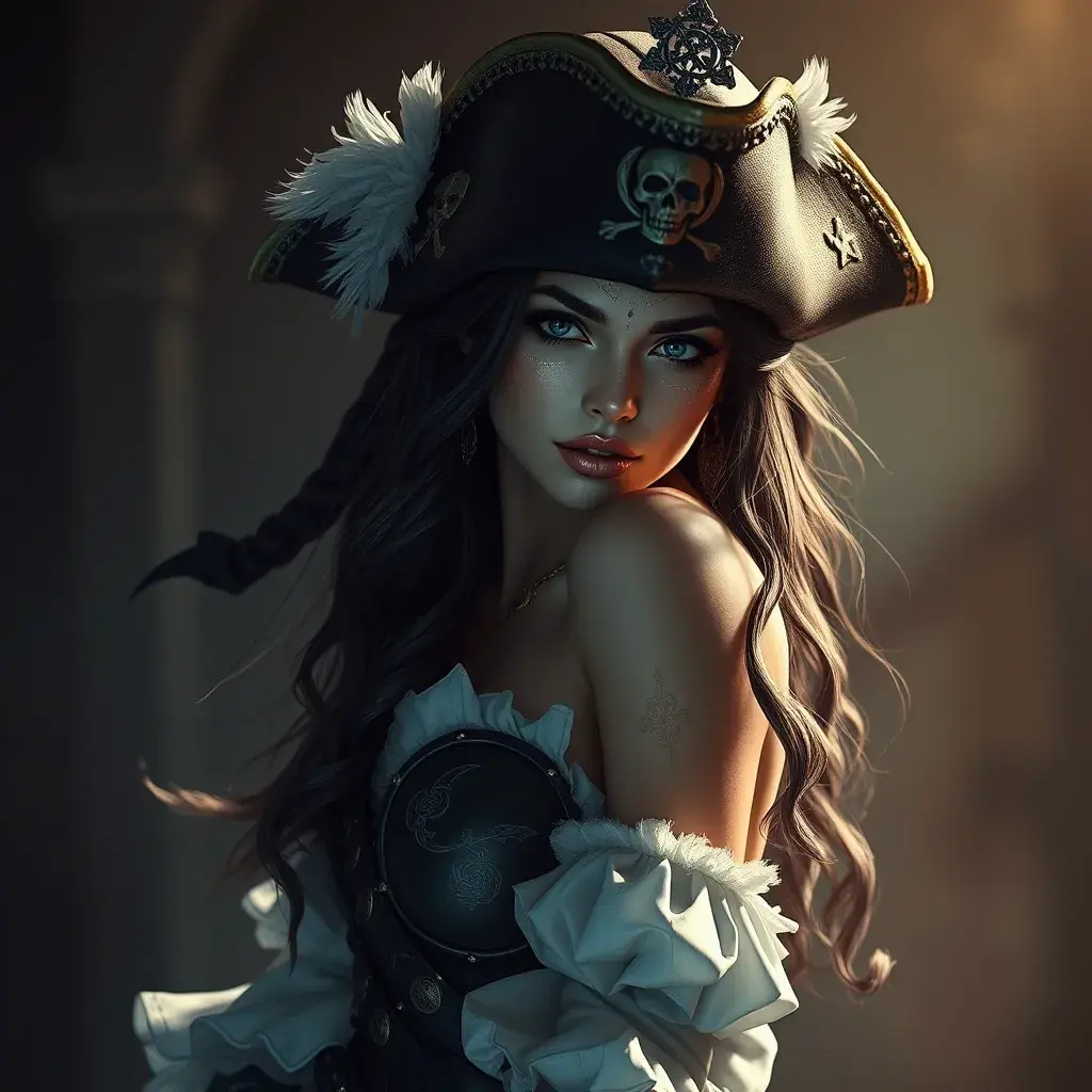 A beautiful female Pirate, Intricate, Half Body, Realistic, Volumetric Lighting, Fantasy, Elegant by Stanley Artgerm Lau