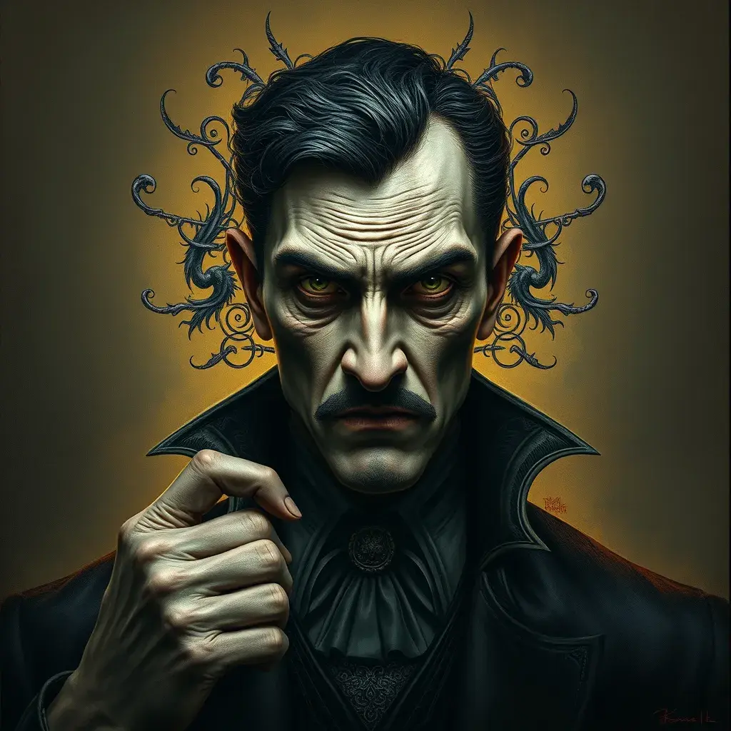 Gomez Addams, Intricate Artwork, Intricate Details, Half Body, Beautiful, Matte Painting, Sharp Focus, Portrait, Fantasy, Threatening by Stefan Kostic