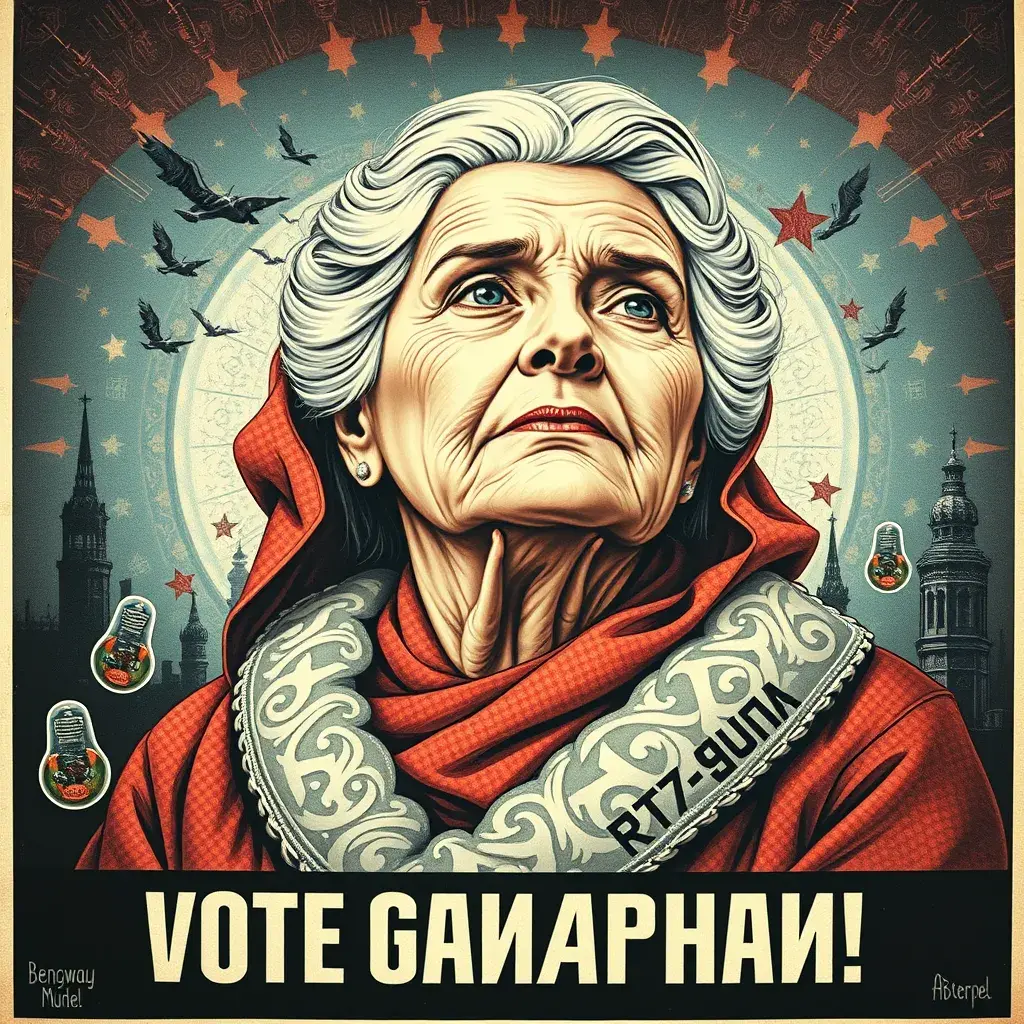 grandmother for president, intricate soviet propaganda poster, Cyrillic text, Boris kriukov, vote for grandmother, sharp focus, text at bottom, Cyrillic, no blur, old woman, Dystopian, Highly Detailed, Intricate Details, Post-Apocalyptic, Psychedelic, Retro-Futurism, Soviet Poster, Digital Painting, Poster, Propaganda Poster, Artgerm by Beeple, Alex Grey, Alphonse Mucha