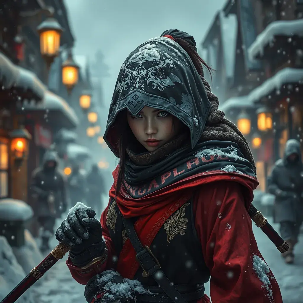 Mysterious beautiful white kunoichi ninja wearing black, red and gold in the streets of a dark snowy town in russia, Intricate Details, Photo Realistic by Greg Rutkowski