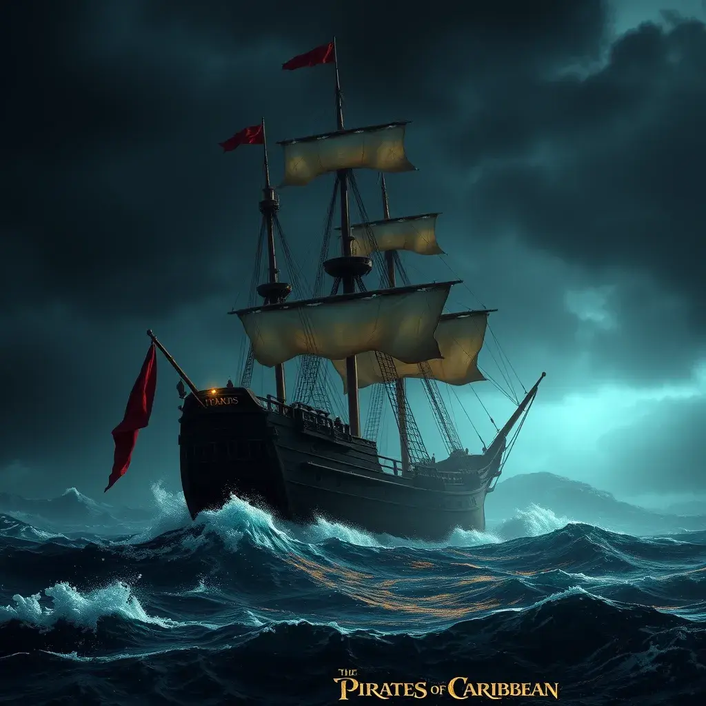 The pirates of Caribbean on the Black pearl pirate ship in rough seas, Volumetric Lighting, Dark