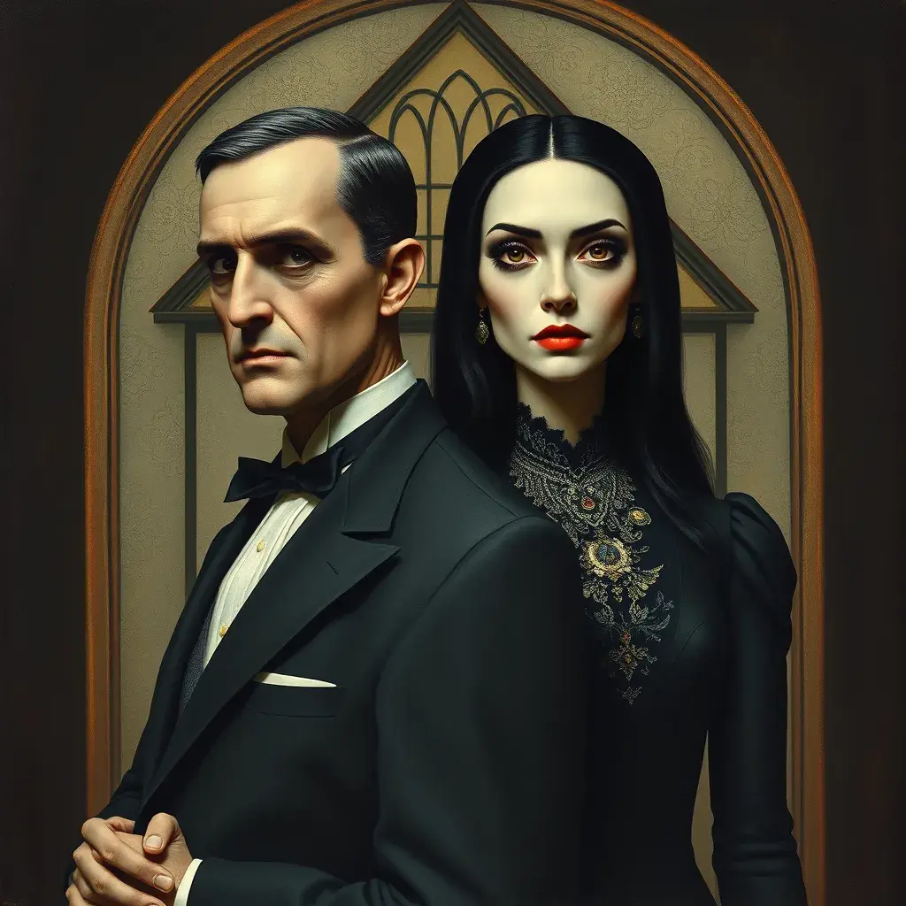 American Gothic with Gomez and Morticia Addams, Intricate Artwork, Intricate Details, Half Body, Beautiful, Matte Painting, Sharp Focus, Portrait, Fantasy, Threatening by Stefan Kostic