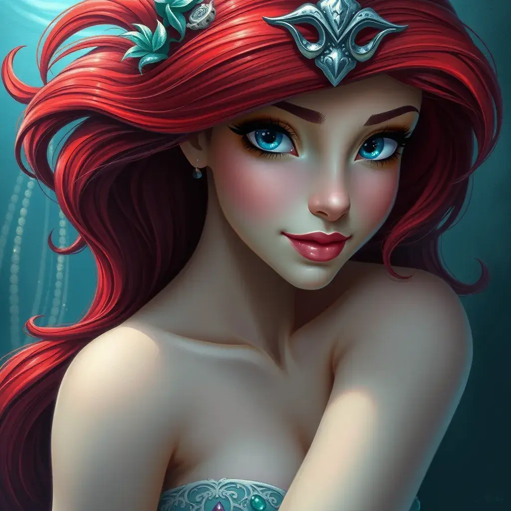 Matte portrait of Disney's Ariel in the under water city of Atlantis, Ultra Detailed, Half Body, Beautiful, Matte Painting, Sharp Focus, Portrait, Fantasy by Stanley Artgerm Lau