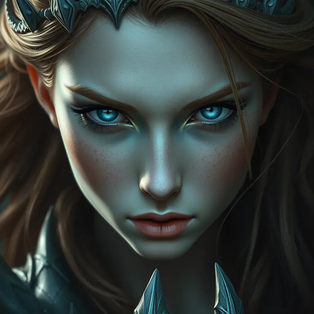 Ariel, blue eyes, Intricate Artwork, Intricate Details, Half Body, Beautiful, Matte Painting, Sharp Focus, Portrait, Fantasy, Threatening by Stefan Kostic