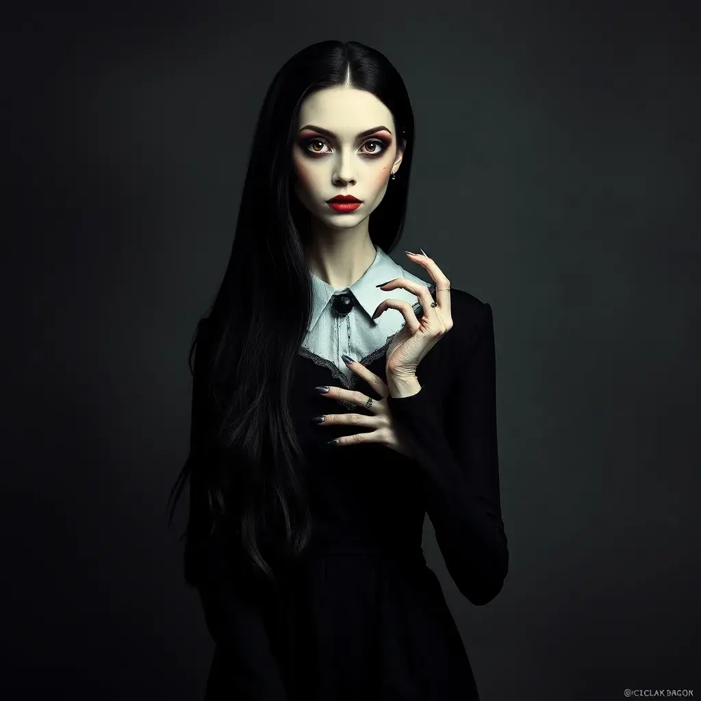 American Gothic Morticia Addams, Gothic and Fantasy, Half Body, Portrait, Threatening