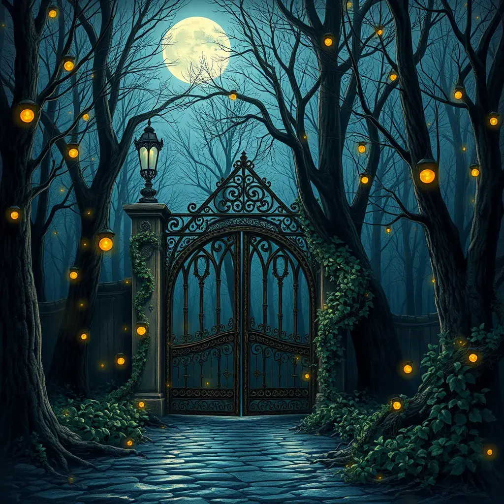 A beautiful digital illustration painting of a detailed gothic fantasy fireflies forest trees and iron gate cobblestone pathway vines full moon, Artstation, Digital Illustration, Concept Art